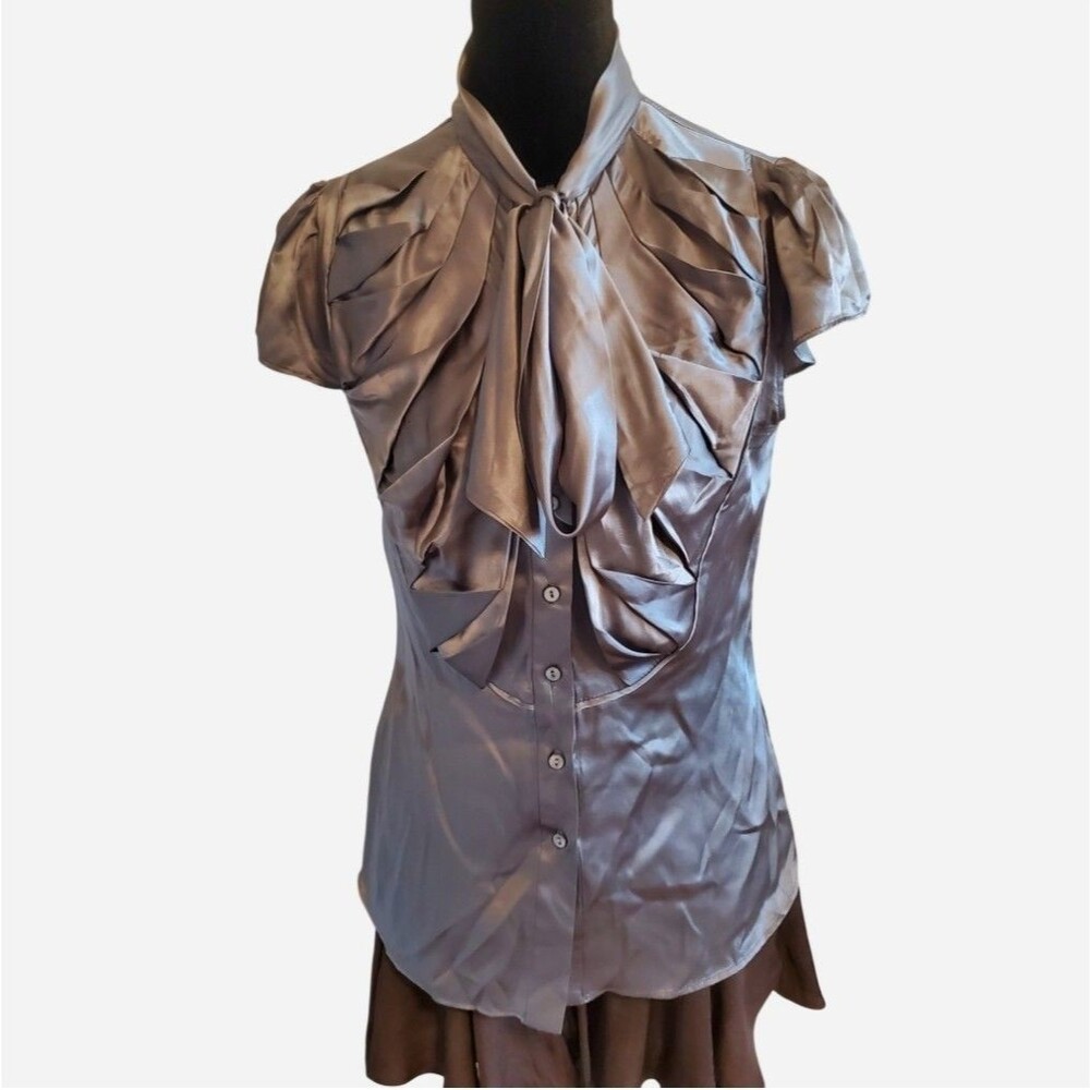 Pixie Hopkins Y2k Silk Satin Pleated Pussybow Blouse Office Siren Size S Goth